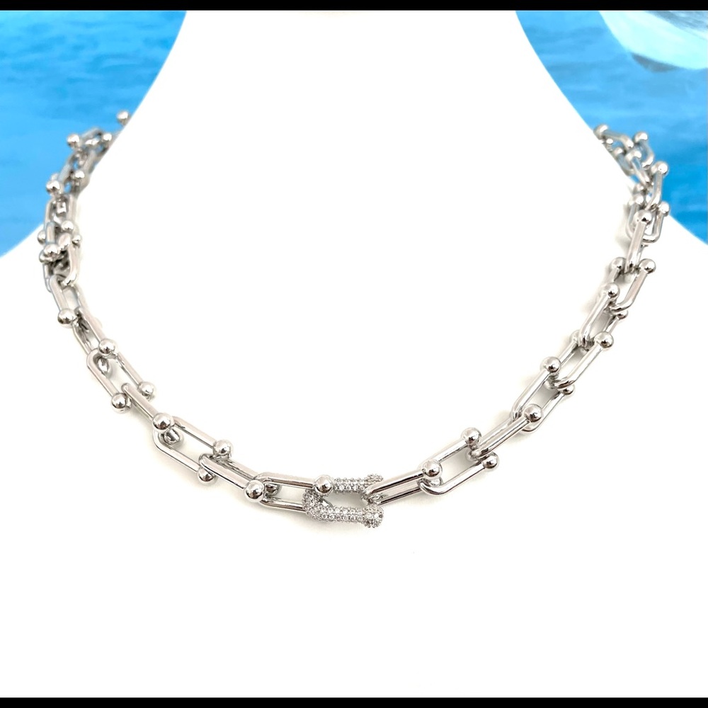 Chunky Silver U Link Chain Pave Station Necklace